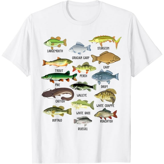 Fishing-Shirt Types Freshwater Fish Funny Bass Dad Graphic Mens T-Shirt