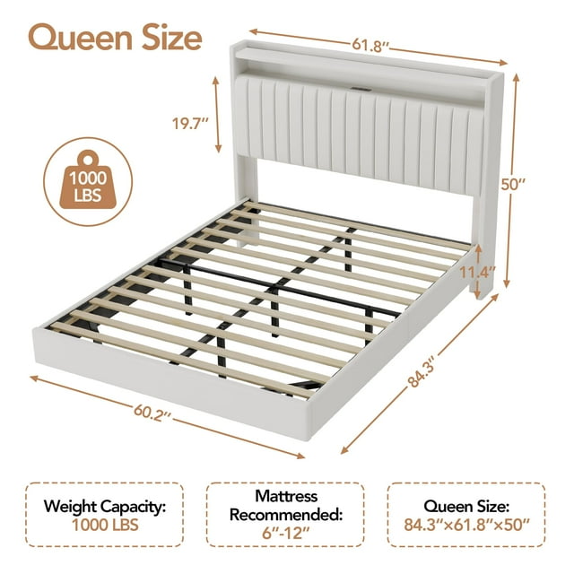 GloryStar Floating Bed Frame with RGB LED Lights & Charging Station, Upholstered Platform Bed Frame with Storage Headboard, 50” Tall Headboard Leather Bed Frame Queen Size No Box Spring Needed
