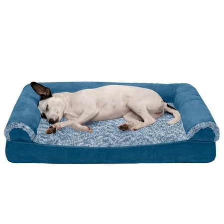 UPC: 0842229124323 | FurHaven Pet Products Two-Tone Faux Fur & Suede Cooling Gel Memory Foam Sofa-Style Pet Bed for Dogs & Cats – Marine Blue Medium