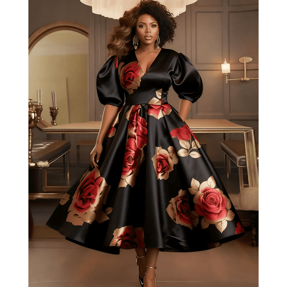 Plus Size Black Satin Red Rose Print Midi Dress, Puff Sleeve V-Neck A-Line Formal Cocktail Party Dress