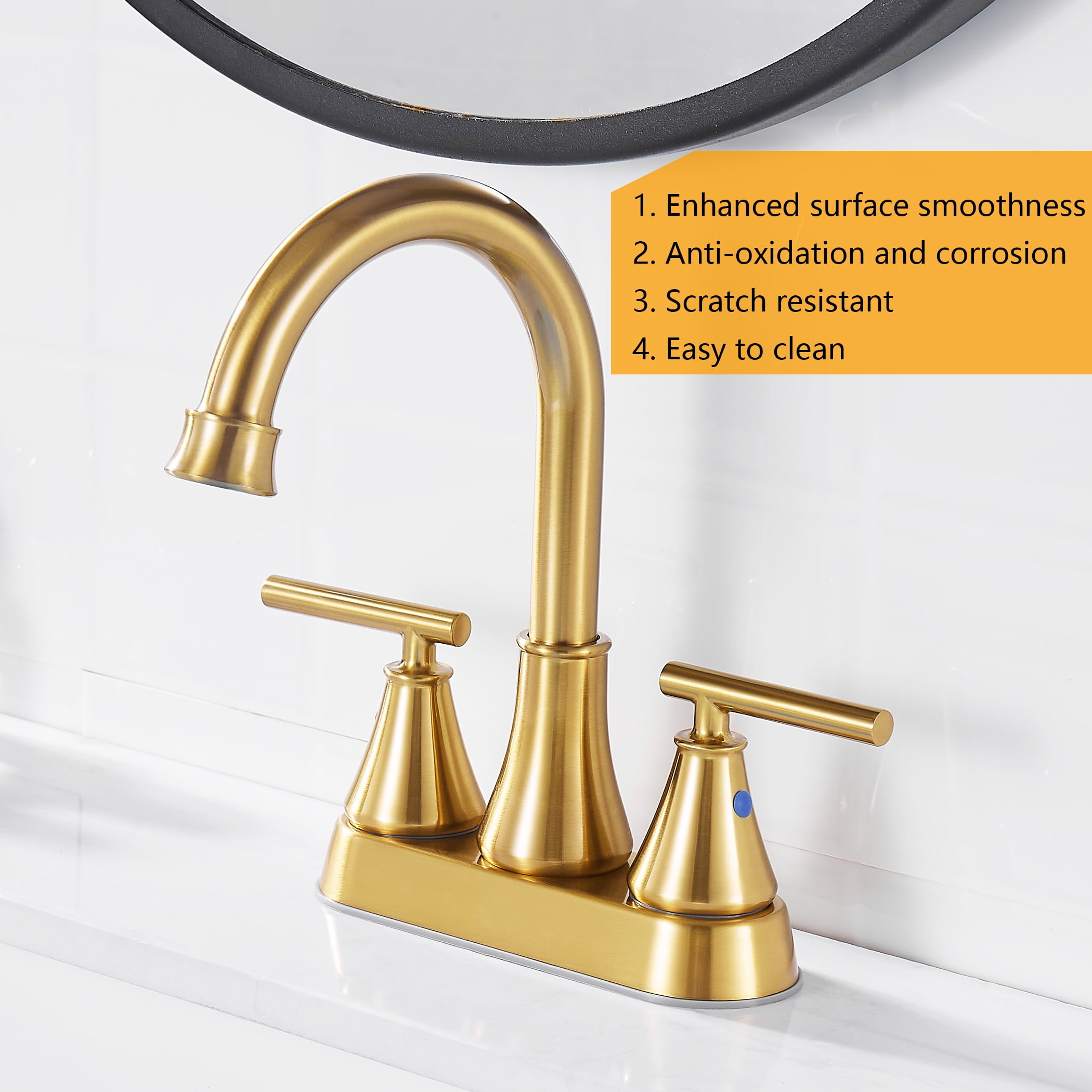 Kede Bathroom Sink Faucet 4 Inch 2 Handle CentersetGolden Brushed Lead-Free Modern Bathroom Faucet Vanity Faucet with Pop-up Drain Stopper and Supply Hoses