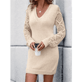 thumbnail image 5 of Women'S Mini Fitted Crochet Hollow-Out Sweater Sexy- Dress Dressy Casual Long Sleeve V Neck Knit Dresses Beige L, 5 of 8