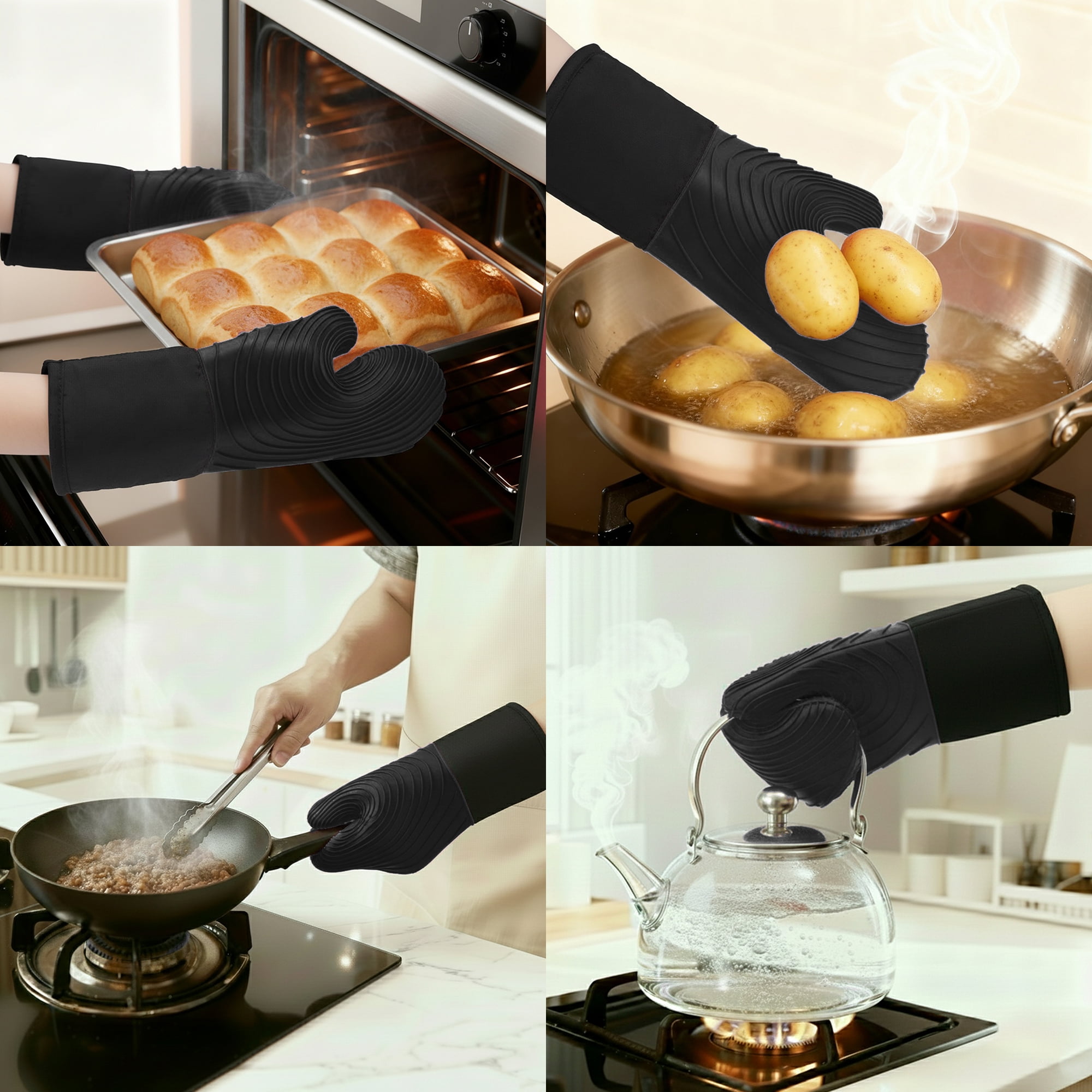 REGALWOVEN Soft Silicone and Cotton Oven Mitts, Heat-Resistant Cooking Gloves, Gripping for Baking, Kitchen Mitts Set of 2 Black 13.4x7.1inch