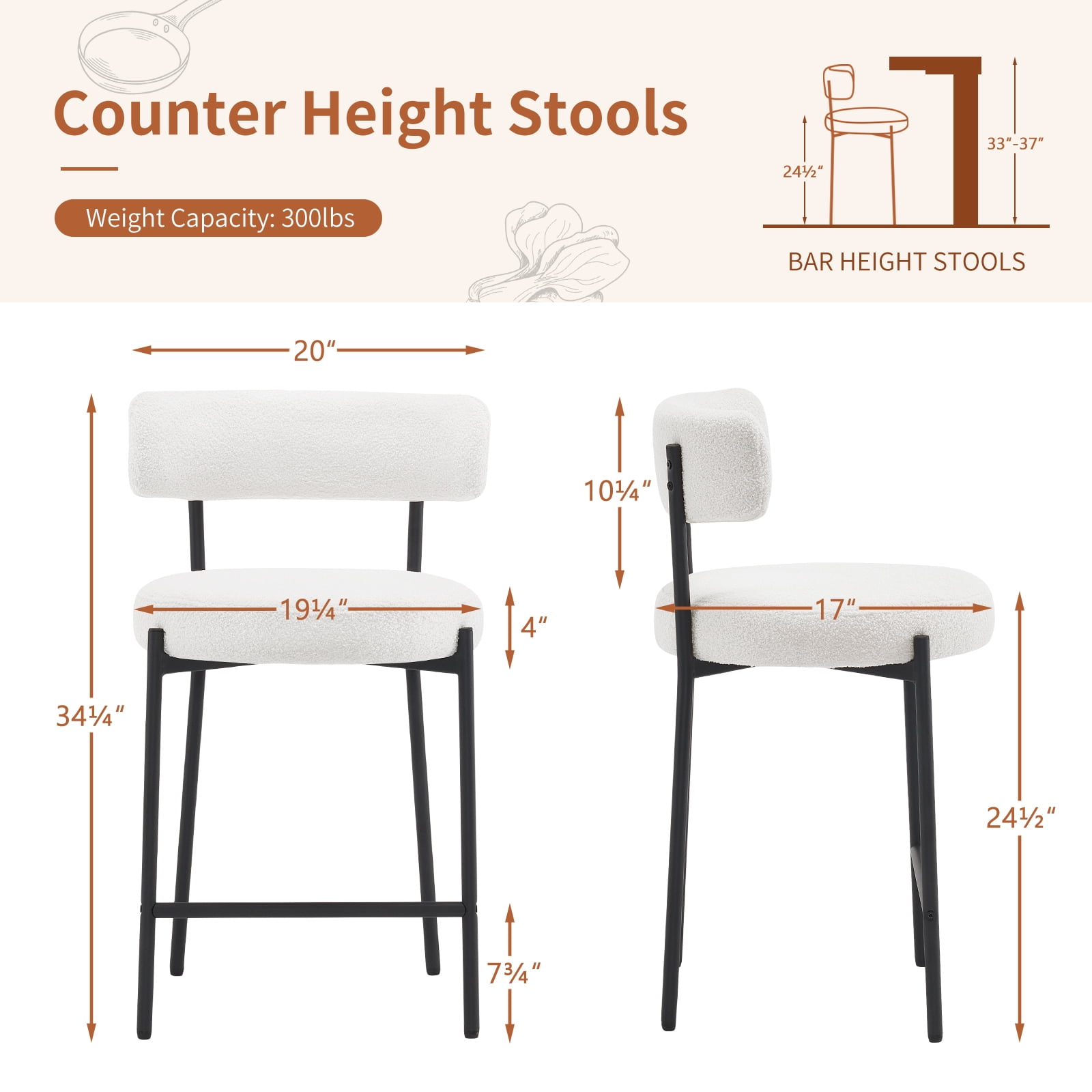 Furniliving Bar Stools Set of 2, Modern Counter Height Bar Stools with Back, Upholstered Bar Height Barstools for Kitchen Counter/Home Bar/Dining Room, White