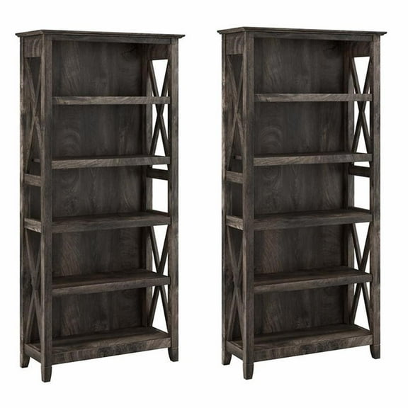 Bowery Hill 5 Shelves Wood Bookcase Set in Dark Gray Hickory