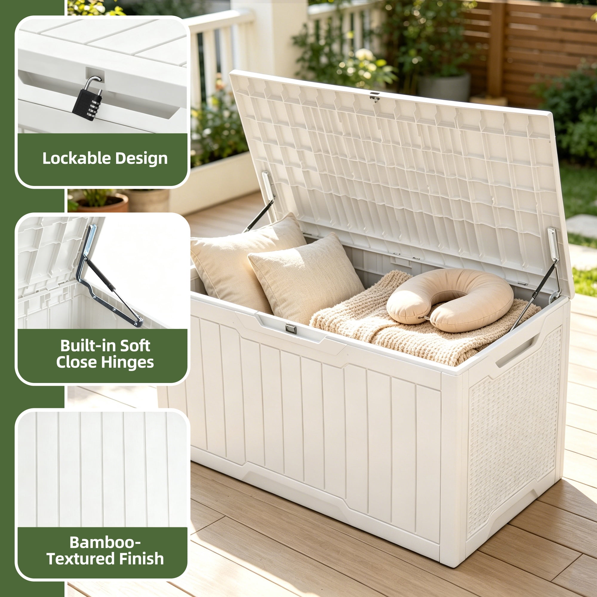 Uforic 100 Gallon Deck Box, Lockable Waterproof Resin Outdoor Storage Bin, White