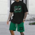 thumbnail image 4 of Playeras Cuello V Para Hombre, Conjunto De 2 Piezas De Camiseta De Manga Corta Con Cuello Redondo Y Pantalones Cortos Con Cordón Y Estampado De Letras Y Números, Adecuado Para El Verano, 4 of 5
