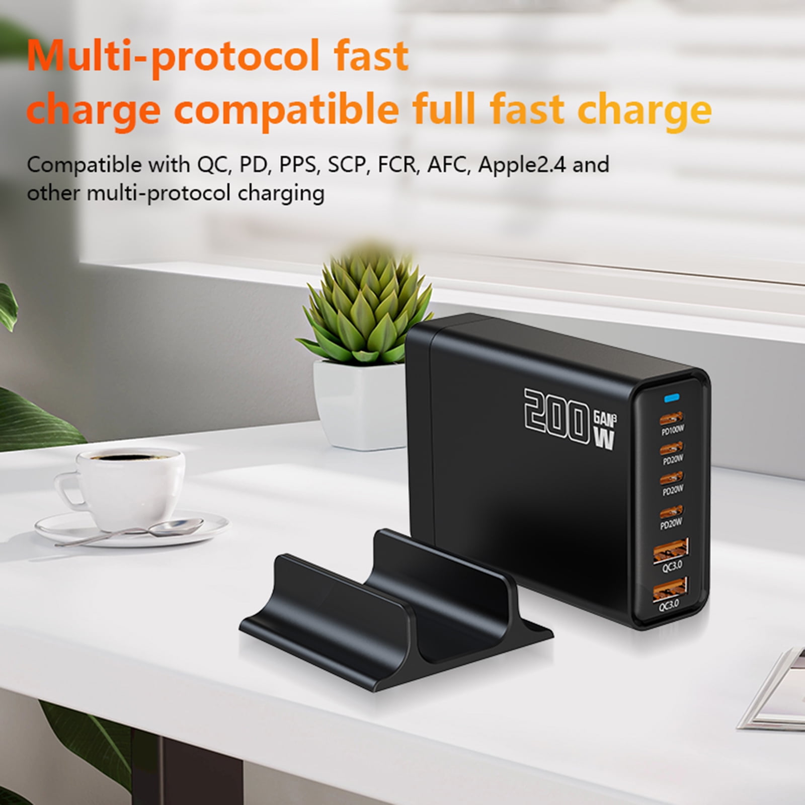 200W GaN 6-Port USB C Charging Station Hub with Holder, Fast Charger Block for MacBook Pro/Air, Dell, iPad, iPhone, Samsung Galaxy