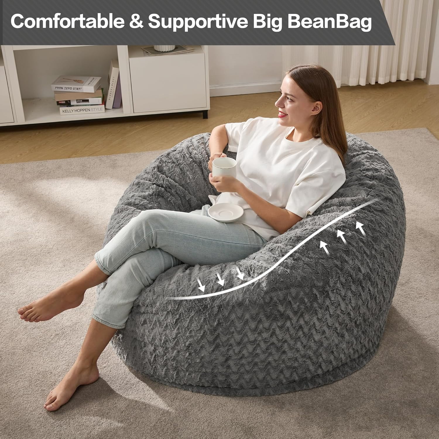 3ft Bean Bag Chairs for Adults Large Beanbag Chair with Chevron Plush Fur Cover Big Bean Bag Chair for Living Room Bedroom Dorm Office - Black (36” x 36” x 22”)