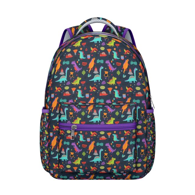 Colorful Dinosaur Print School Backpack for Student Cute Dino Pattern Funny Cartoon Watercolor Forest Theme Design