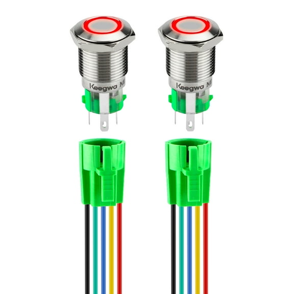 Keegwa (2 PCS) 16mm Latching Push Button Switch Silver Stainless Steel Metal with Ring LED Light with Wire Socket Plug Self-Locking 12V-24V 5A SPDT 1NO1NC (Red)