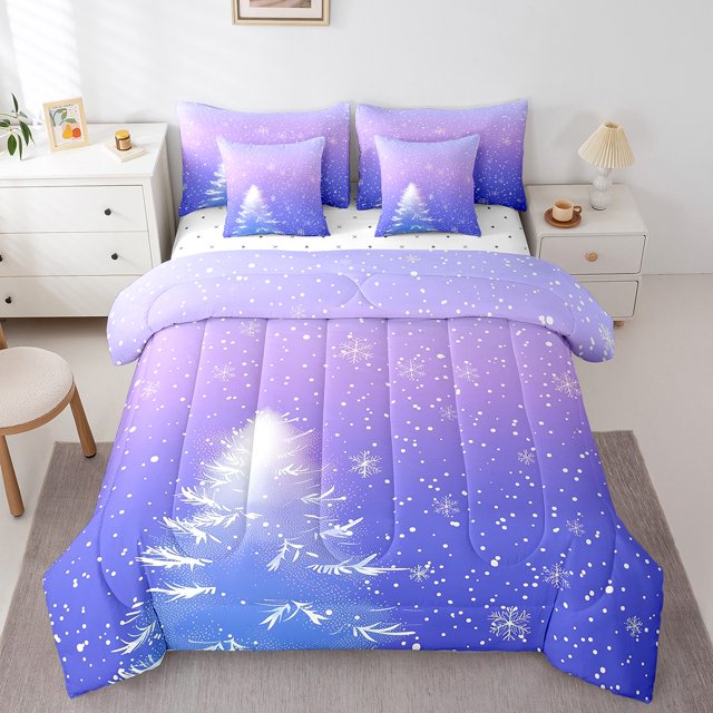 YST Ombre Bed Sheets Set,Purple Gradient Bed In A Bag For Kids Girls,Christmas Day King Comforter Set 7 Piece,Xmas Snowflake Tree Bed Set,Winter Snow Bedding Comforter Sets,With 2 Pillowcase