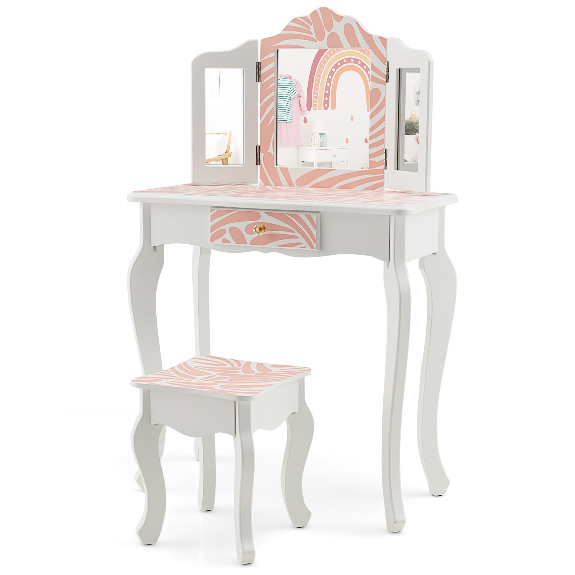 Costway Kid Vanity Set Wooden Makeup Table Stool TriFolding Mirror