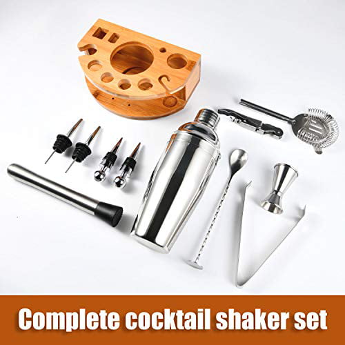 25 oz Esmula Bartender Kit with Stylish Bamboo Stand Professional Stainless Steel Bar Tool Set 10 Piece Cocktail Shaker Set for Mixed Drink Cocktail Recipes Booklet