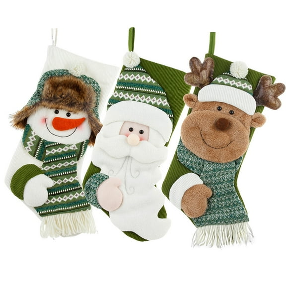 Baby Sweetie Santa, Snowman, Reindeer Christmas Stockings with Embroidered Snowflake 3D Plush Character Hanging Decor