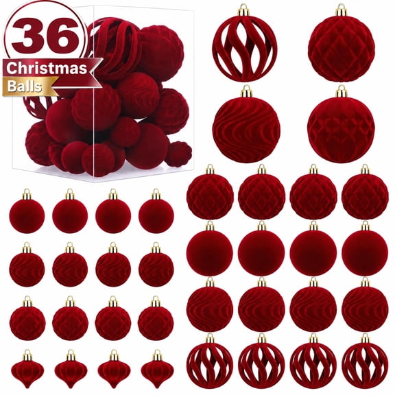 HiberyHom 36 Pcs Velvet Ball Christmas Ornaments, Flocked Shatterproof Burgundy Christmas Balls, Hanging Velvet Christmas Balls Ornaments for Xmas Holiday Home Party Decor