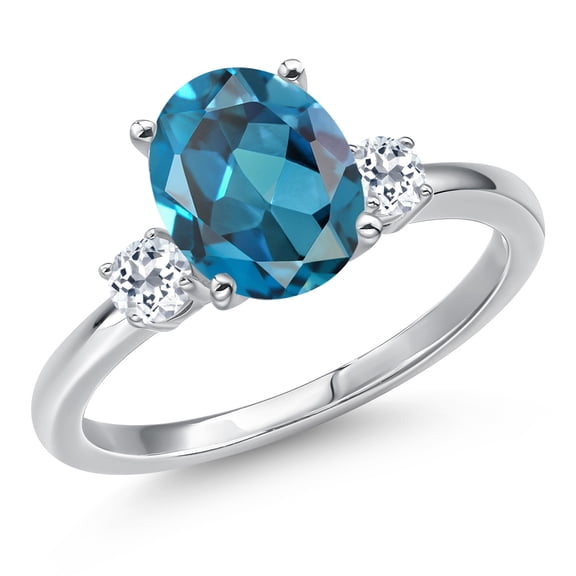 Gem Stone King 14K White Gold London Blue Topaz and White Topaz Engagement Ring for Women | 3.28 Cttw | Oval 10X8MM | Gemstone November Birthstone | Size 6