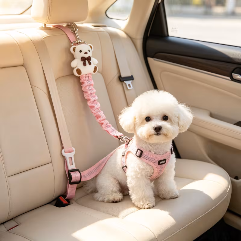 Adjustable Pet Seatbelt with Shock Absorber & Emergency Brake, Crash-Proof Car Safety Harness for Dogs & Cats