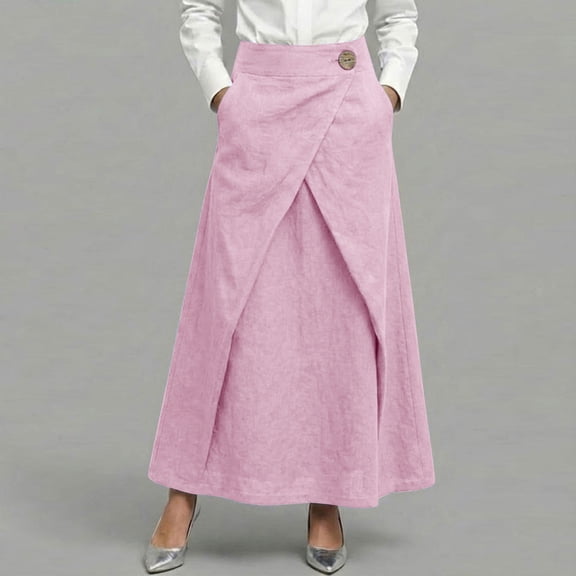 Gamivast Skirts for Women Linen High Waisted Wrap Maxi Skirt Asymmetrical Long Skirt Elegant Skirt Work Office Skirt with Pockets for Business Casual Events Pink L