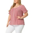 thumbnail image 4 of Agnes Orinda Women's Plus Size Gingham Tops Plaid Sweetheart V Neck Puff Short Sleeve Button Decor Summer 1950s Blouses 1X Red, 4 of 7