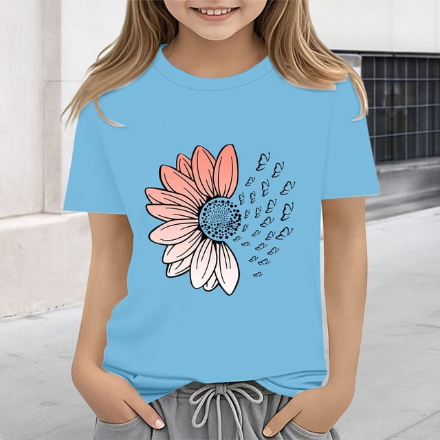 XIMIN T-Shirts Filles Graphiques Tournesol Manches Courtes Col Rond Coton Coupe Ample Décontractée Été