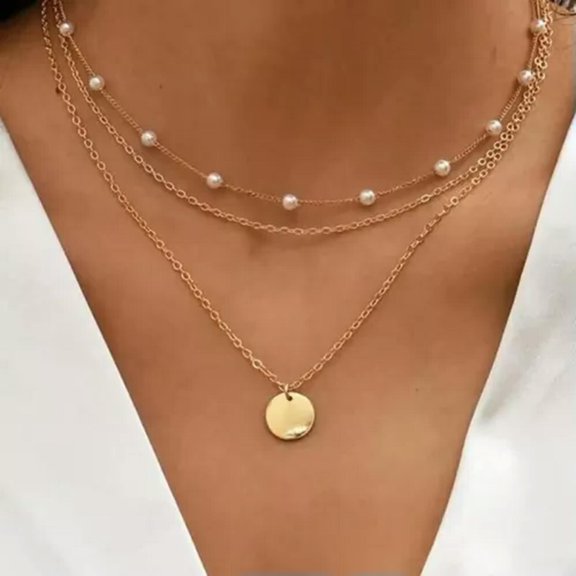 HOOUN 3 Pcs Dainty Golden Necklace 3 Layers Faux Pearls Pendant Clavicle Chain Women