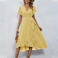 thumbnail image 2 of Lodgix Plus Size Womens Floral Summer Dress Casual Wrap V Neck Short Sleeve Belted Beach Bohemian Maxi Dress Yellow M, 2 of 8