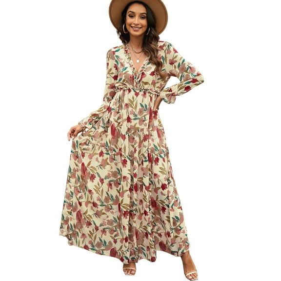 Women's Wild Lotus Ruffle Tiered Maxi Dress - Bohemian Style [ZhiHiMeRi] | (US 12-14)L