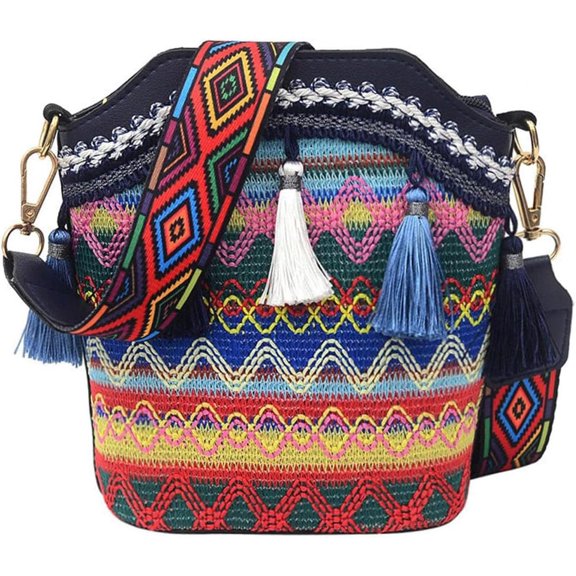 Handmade Woven Tassel Bucket Bag, Boho Vintage Crossbody Bag for Women, Lightweight Travel Shoulder Purse (Dark Blue)