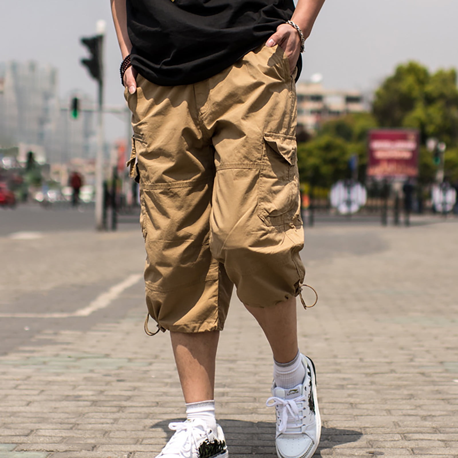 Clearance YOHOME Mens Shorts Fashion Casual Mid Waist Solid Color Pockets  Outdoor Shorts Pants Khaki 5XL