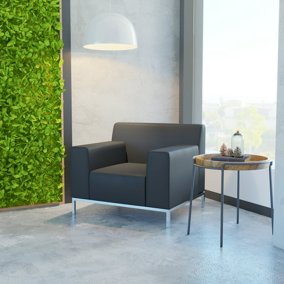 BizChair Contemporary Black LeatherSoft Chair with Line Stitching and Integrated Stainless Steel Frame