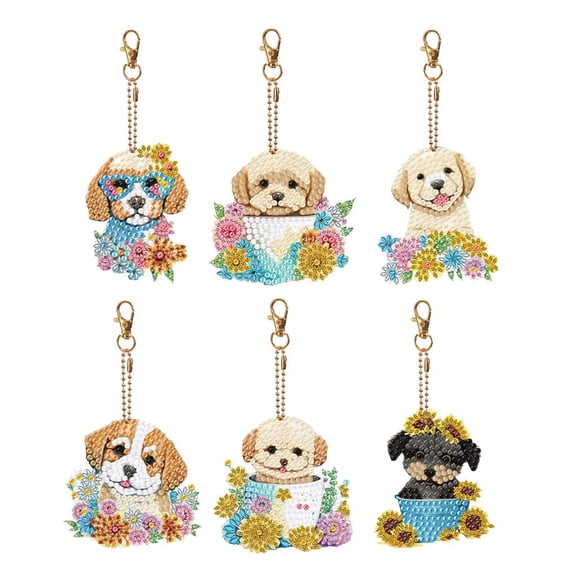 6Pcs Dog Diamond Painting Keychain Kit - Colorful Cute Puppy Flower DIY Art Charm Key Ring for Bag Decor, Kids Craft & Gift
