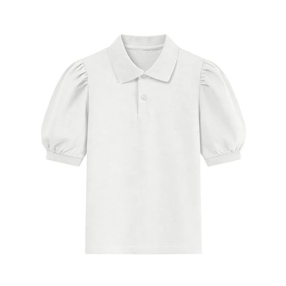 Plebaso Girls Puff Short Sleeve T Shirts Collared Golf Tee Activewear School Uniform Solid Color Button Tops