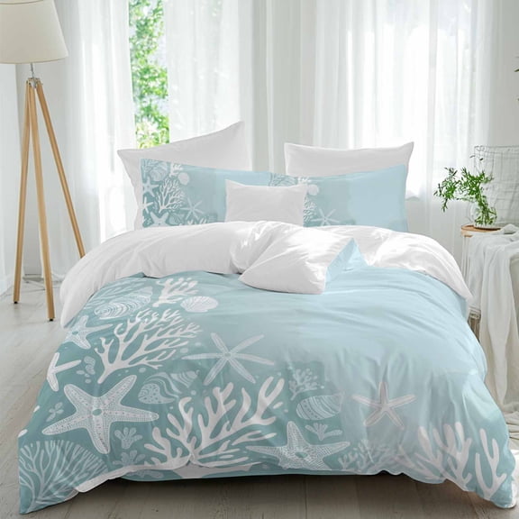 Ocean Coral Full Size Comforter Set, Summer Sea Star Coral Shell Teal Bedding for All Seasons, 4 Pcs Bed Set, 1Quiltcover (86"x86") ,1Sheet(80"x116"), 2Pillowcases (30"x20")