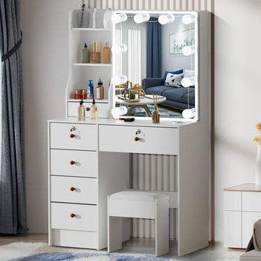 Ciumeeo Vanity Set with Mirror & 6 Drawers, Makeup Vanity Table Desk Chair Set for Bedroom, White