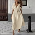 thumbnail image 6 of Ruched Dresses for Lady Women's V-Neck Summer Dress Linen Tunic Casual Dress Loose Short Sleeve Midi Long Beach Travel Dress Beige L, 6 of 9