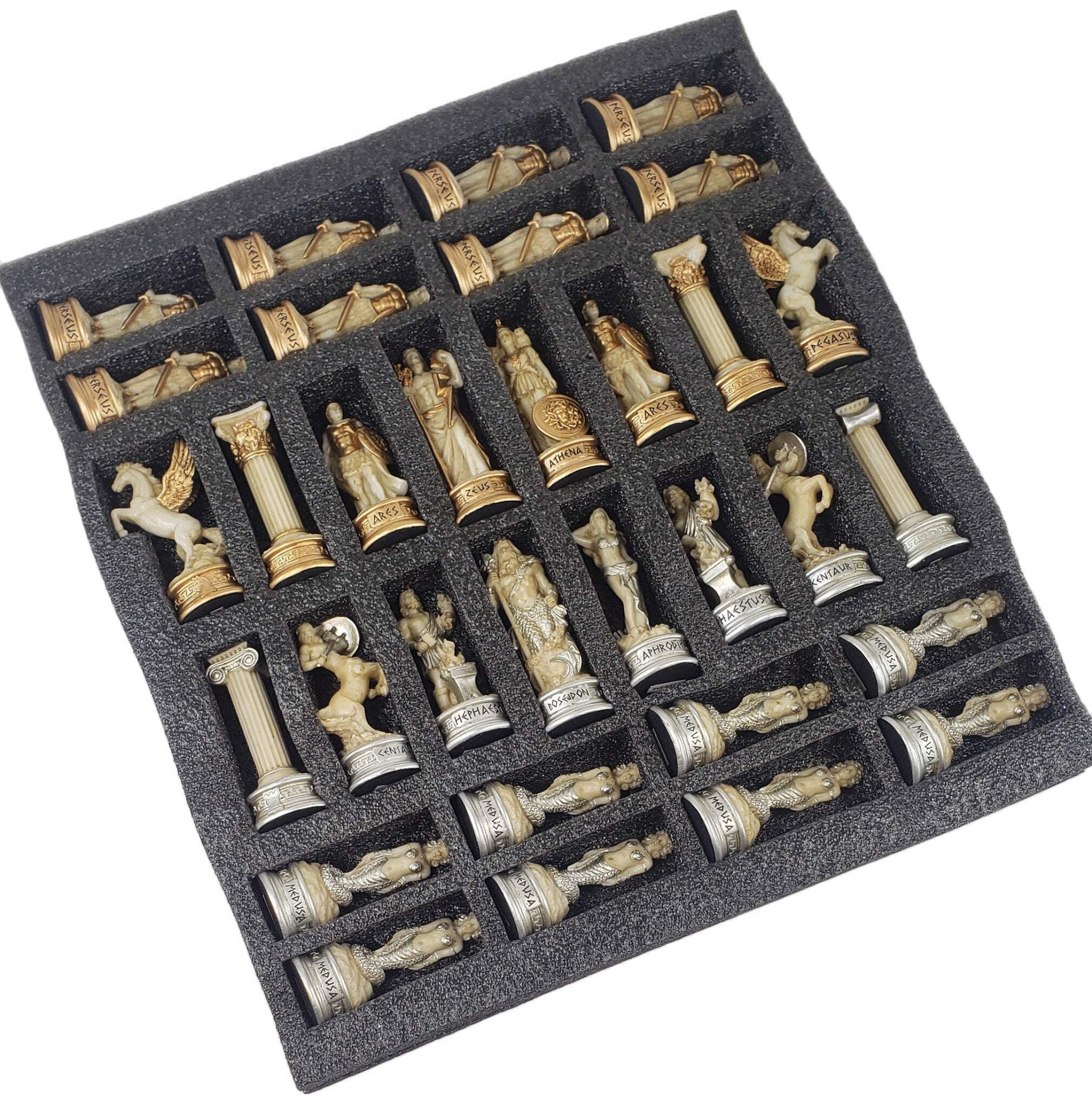 Greek Mythology Olympus Gods Chess Set Antique White W/ 18" Cherry Color Board