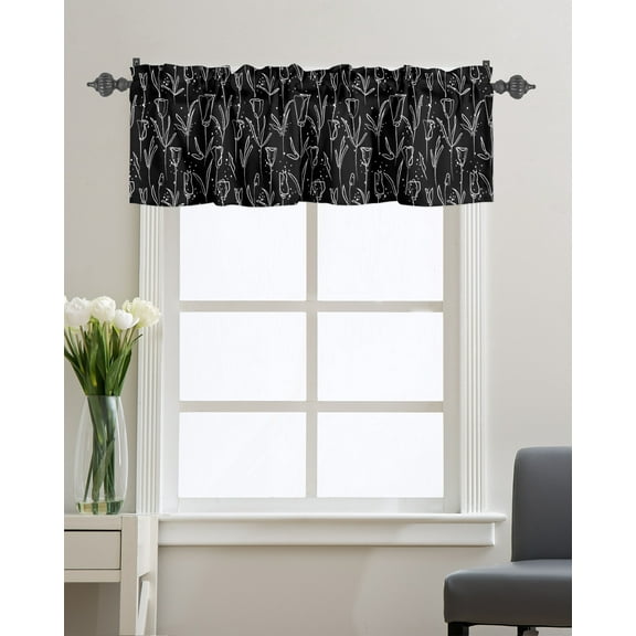 Kitchen Cafe Valance Curtain for Small Windows,Minimalist Sketch Floral Rod Pocket Short Valances Tulip Flower Leaves on Black Window Treatment Panel for Living Room/Bedroom/Bathroom,54x18in
