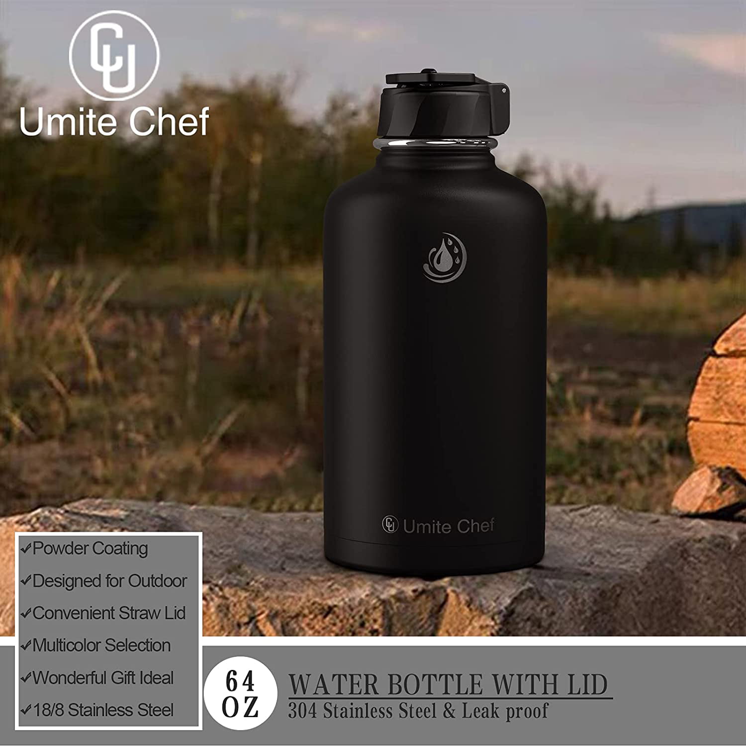 Vacuum Insulated Wide Mouth Stainless-Steel Sports 18-64OZ Water Bottle with New Wide Handle Straw Lid,Hot Cold Umite Chef Water Bottle Double Walled Thermo Mug 