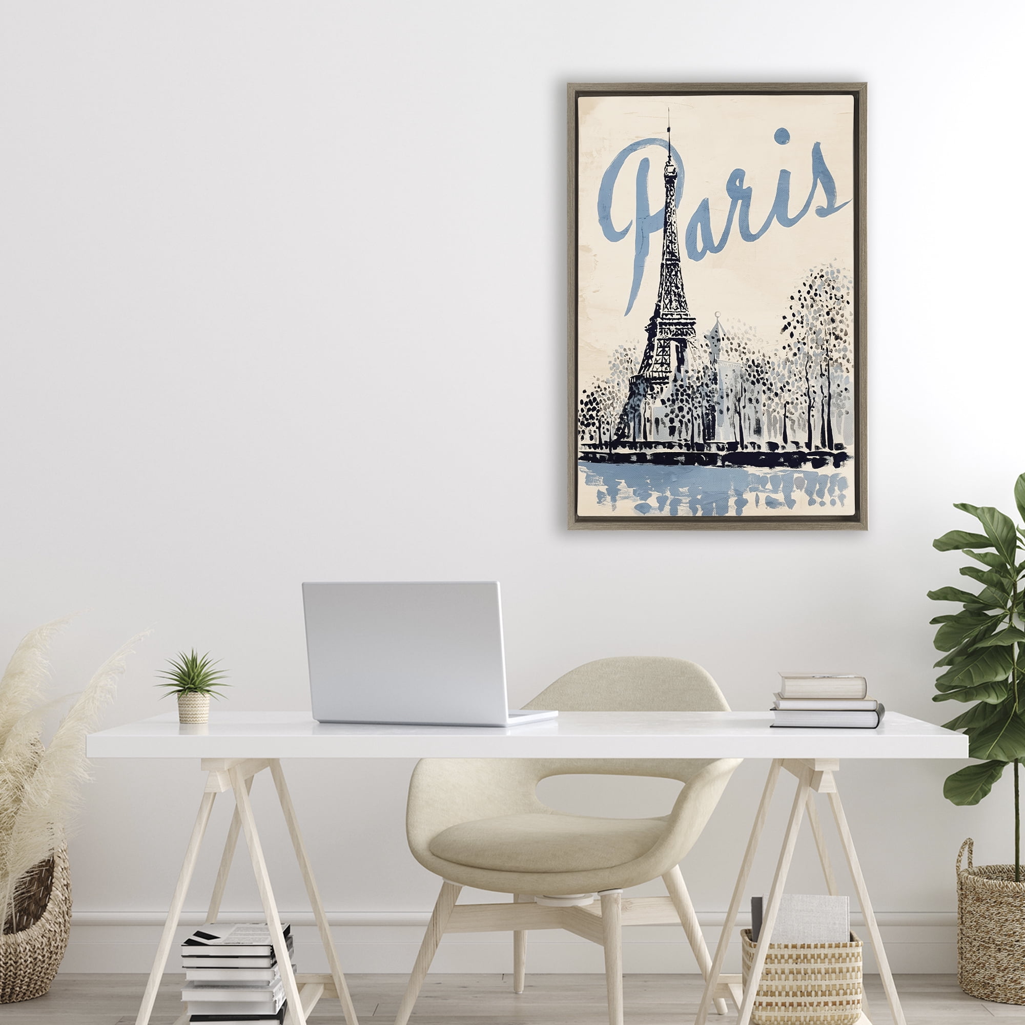 Stupell Industries Blue & Beige Paris Travel Brown Framed Floater Canvas Wall Art, design by Annabelle Hall