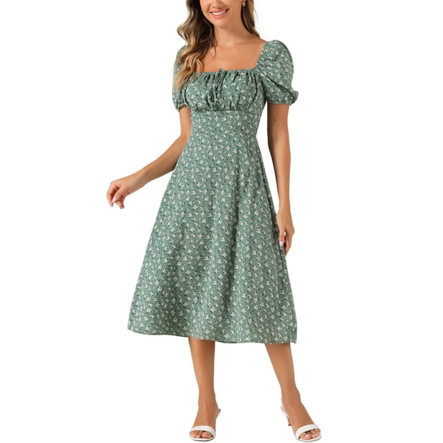 Vestido de mujer con fruncido, escote cuadrado, dobladillo con volantes y estampado floral XL gris verde