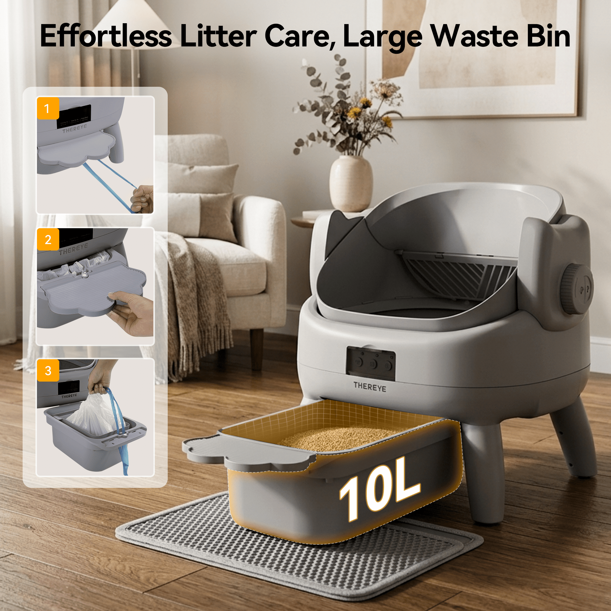 Osoeri Self-Cleaning Cat Litter Box,Open-Top Large Automatic Litter Box for Multiple Cats,App Control,Integrated Safety Protection,Odor-Free,with Trash Bags,Waterproof Mat and Litter Mat,Gray