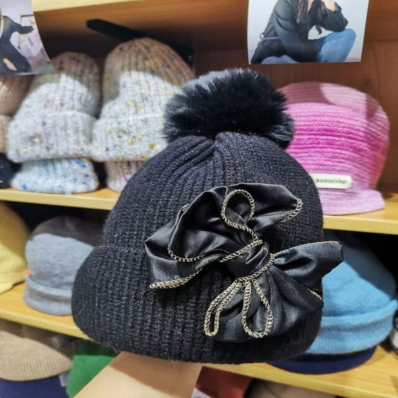 CoCopeaunt Winter New Large Bow Knitted Hat, Thick Warm Earmuff Hat Japanese Department Lovely And Sweet
