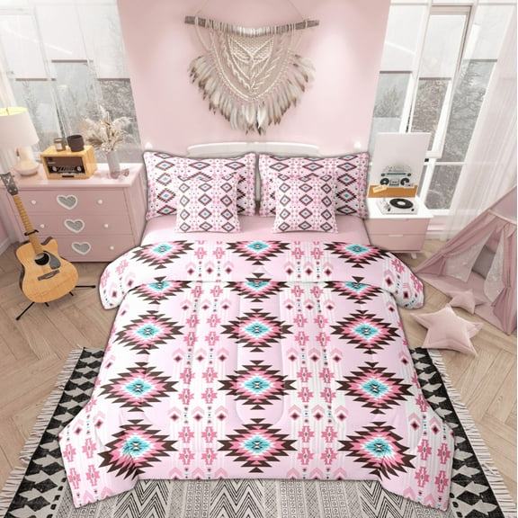 Manfei Hippie Geometric Aztec Twin Bedding Sets 7-Piece, Tribal Western Bohemian Bedding Comforter Set, Mandala Theme Reversible Sheet Sets, Microfiber Bedroom Decor