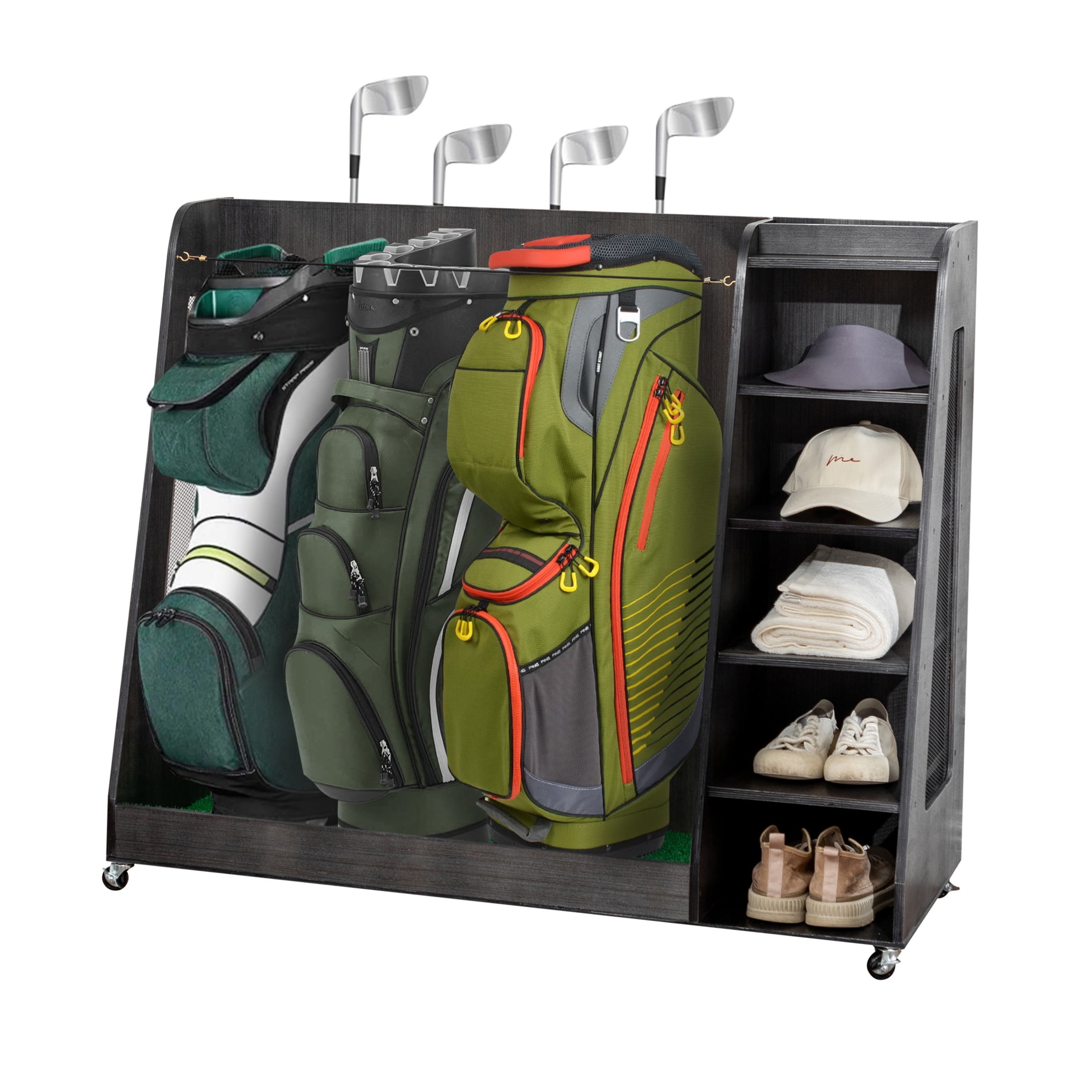 Noble House 47" Wooden Golf Bag Organizer with Storage Drawers and Club Side Rack, Heavy Duty for Garage, Gray
