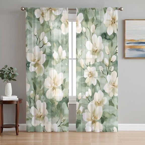 Sage Green Spring Floral Semi Sheer Curtains 84 Inch Length 2 Panels Set, Summer Botanical Farmhouse Sheer Kitchen Curtain Privacy Voile Window Curtain for Living Room Bedroom Rod Pocket Drapes