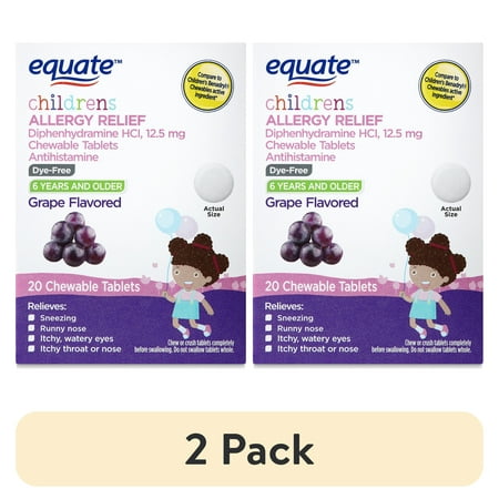 (2 pack) Equate Children's Diphenhydramine Allergy Relief Chewable Tablets, 12.5 mg, Grape Flavor, Ages 6 Years and Older, 20 Count, Compare to Children's Benadryl® Chewables Active Ingredient