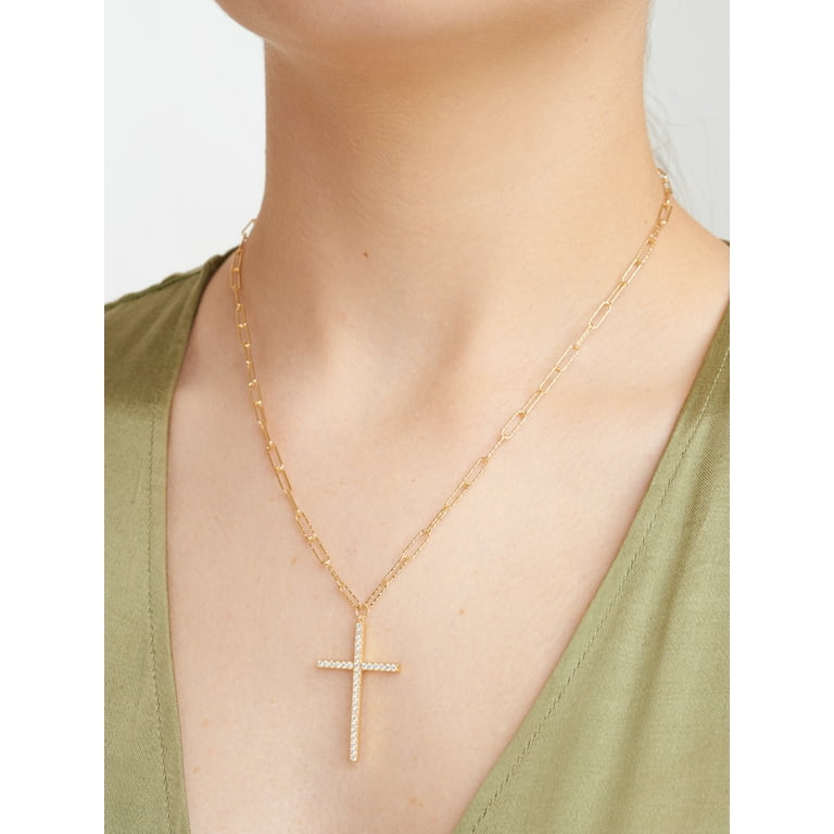 Cubic Zirconia Cross 18k Gold Over Sterling Silver Paperclip