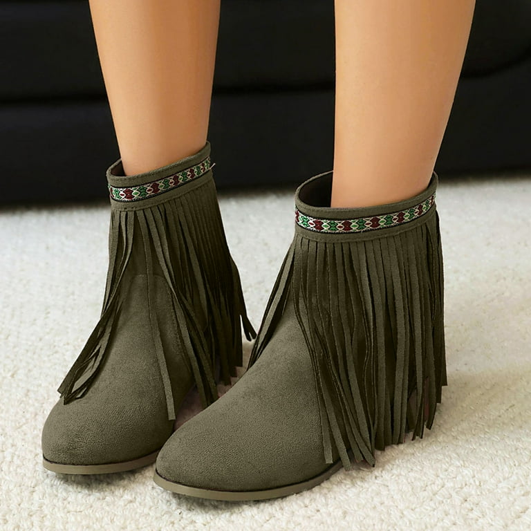 Women's Green Fringe Embroidered Suede Cowboy Boots Ankle Boots | Size 9 Women's Green Fringe Embroidered Suede Cowboy Boots Ankle Boots | Size 9