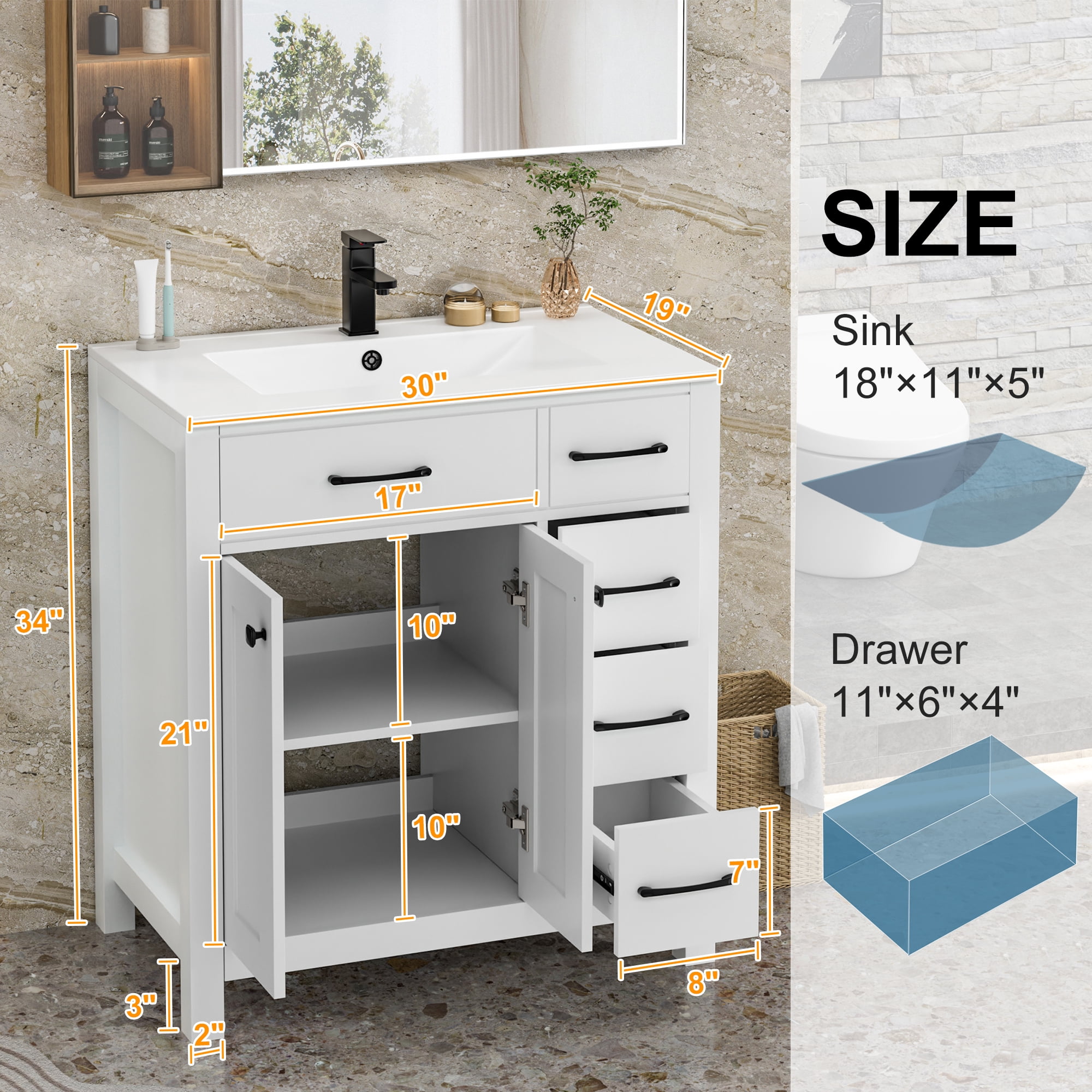eclife 30 in Bathroom Vanity with Integrated Sink Top, White